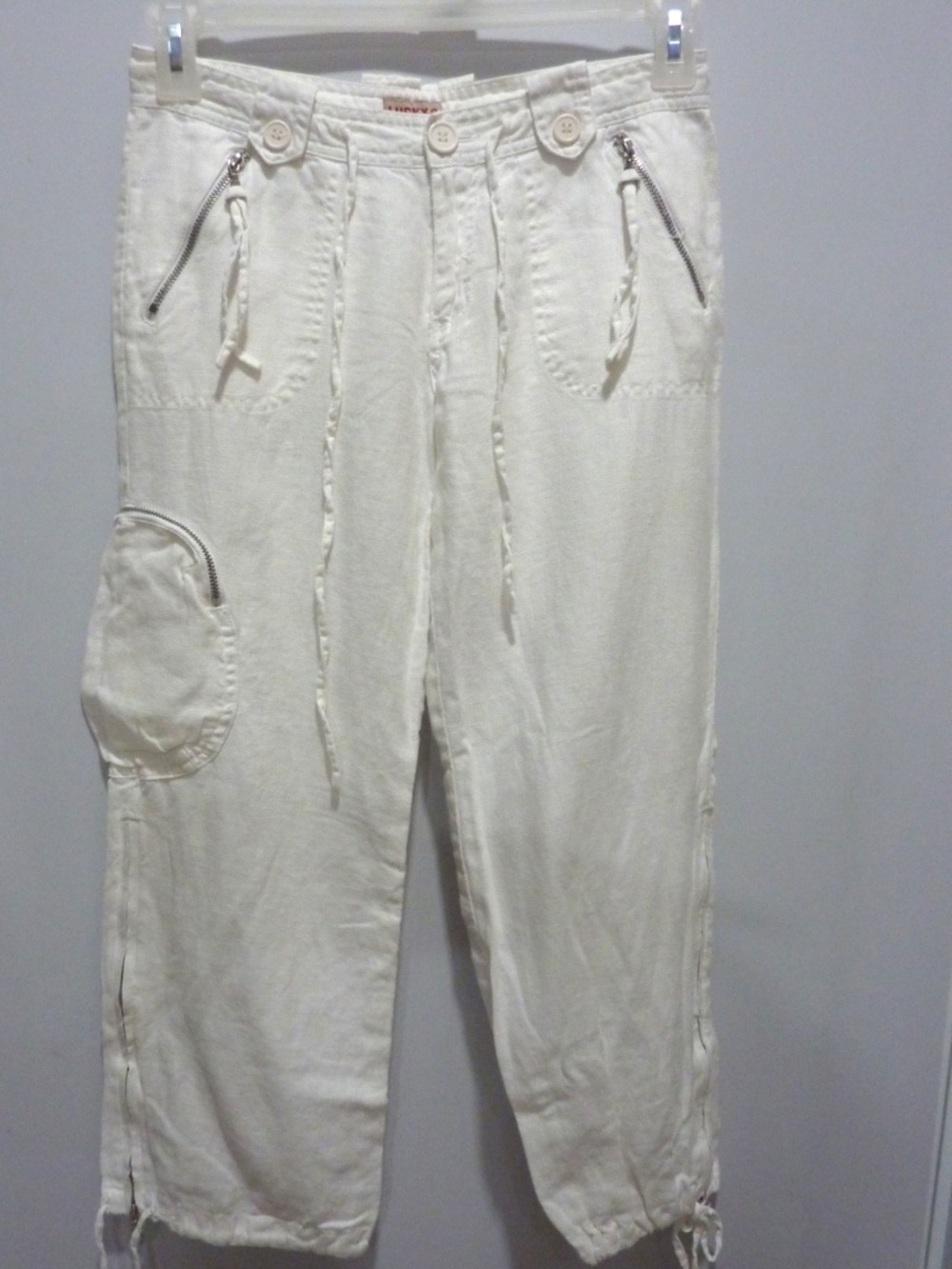 VTG LUCKY 8 LINEN Cargo Pants Women's SIZE S  White Ankle Cotton Casual